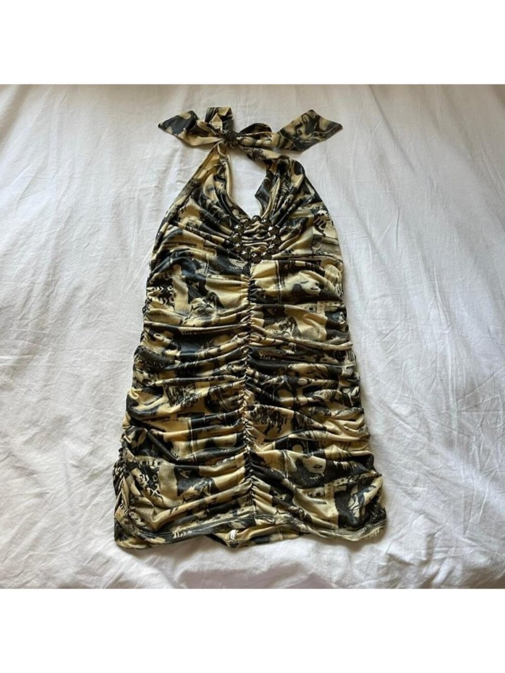Y2K printed & ruched halter neck bodycon mini dress